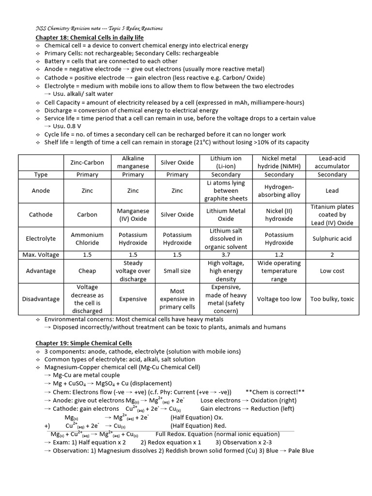 Redox Reactions and Chemical Cells Guide | PDF | Redox | Rechargeable ...