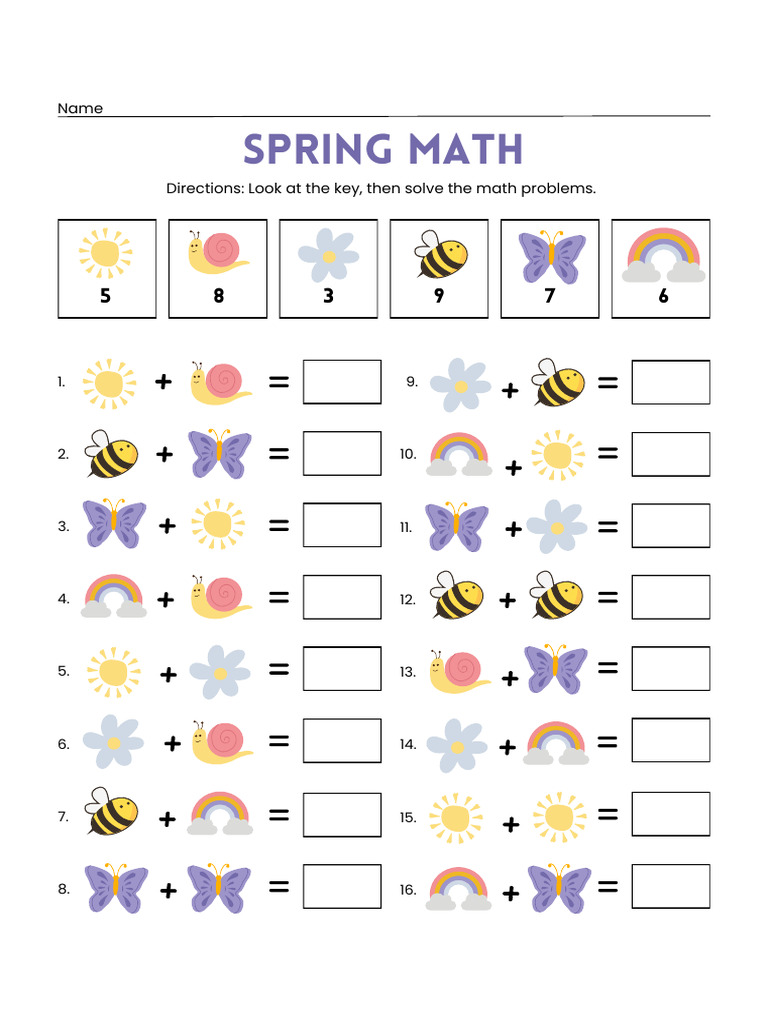 Spring Math Worksheet in Bright Color Lined Style | PDF