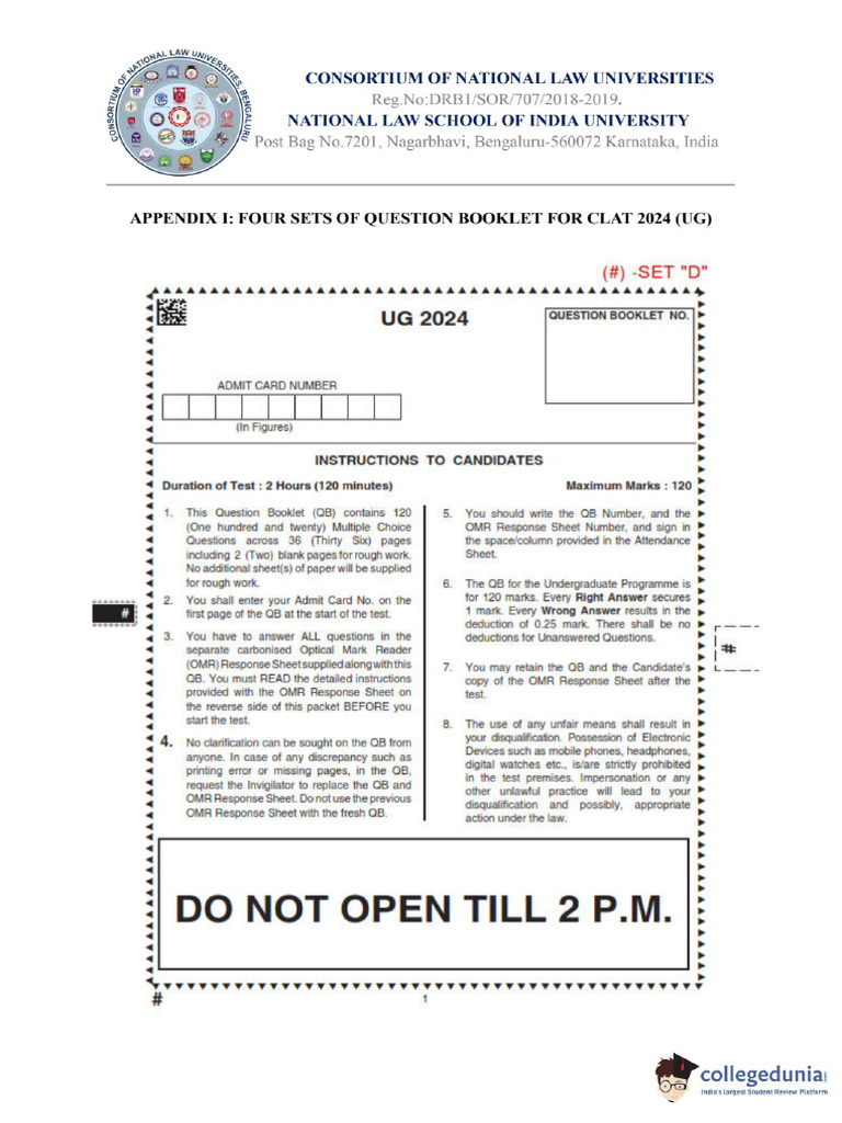 Clat 2024 Ug Set D Question Paper With Answer Key 2367 | PDF