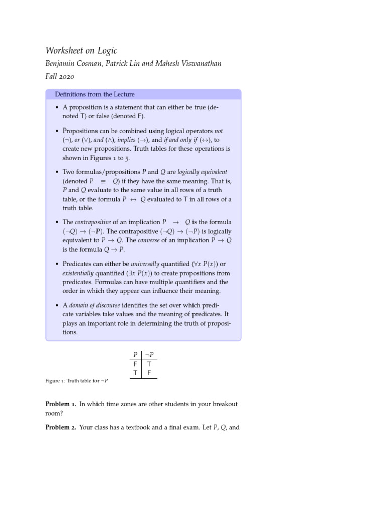 Logic Worksheet: Propositions & Truth Tables | PDF | If And Only If ...