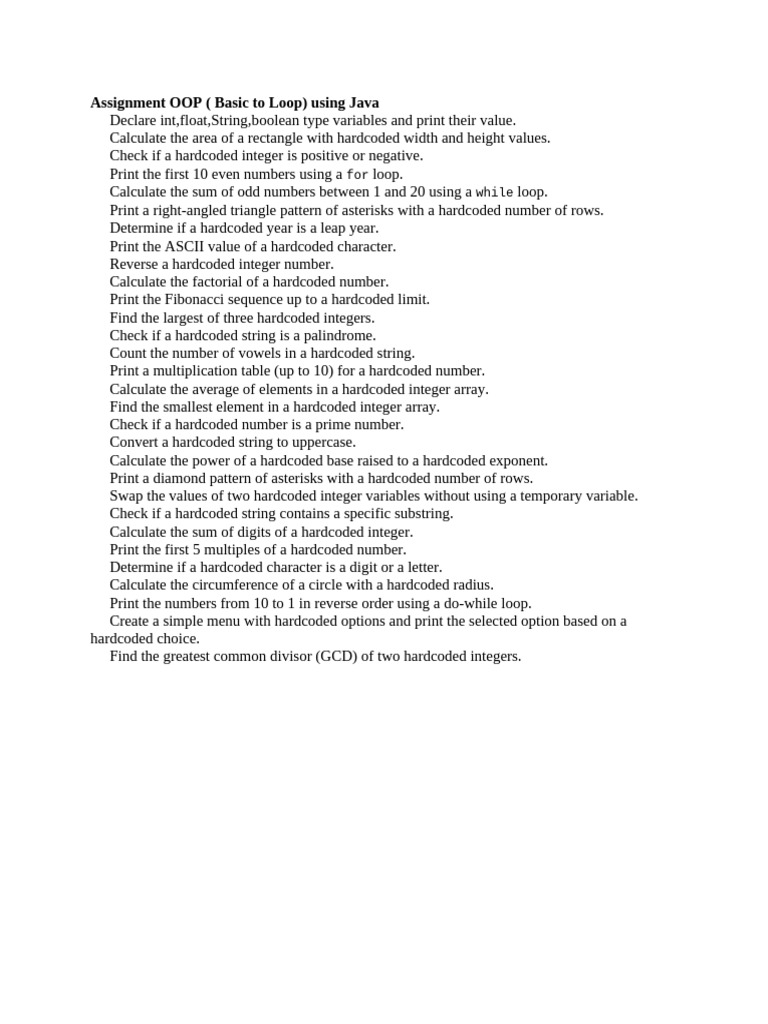 Java OOP Assignment: Basics to Loops | PDF