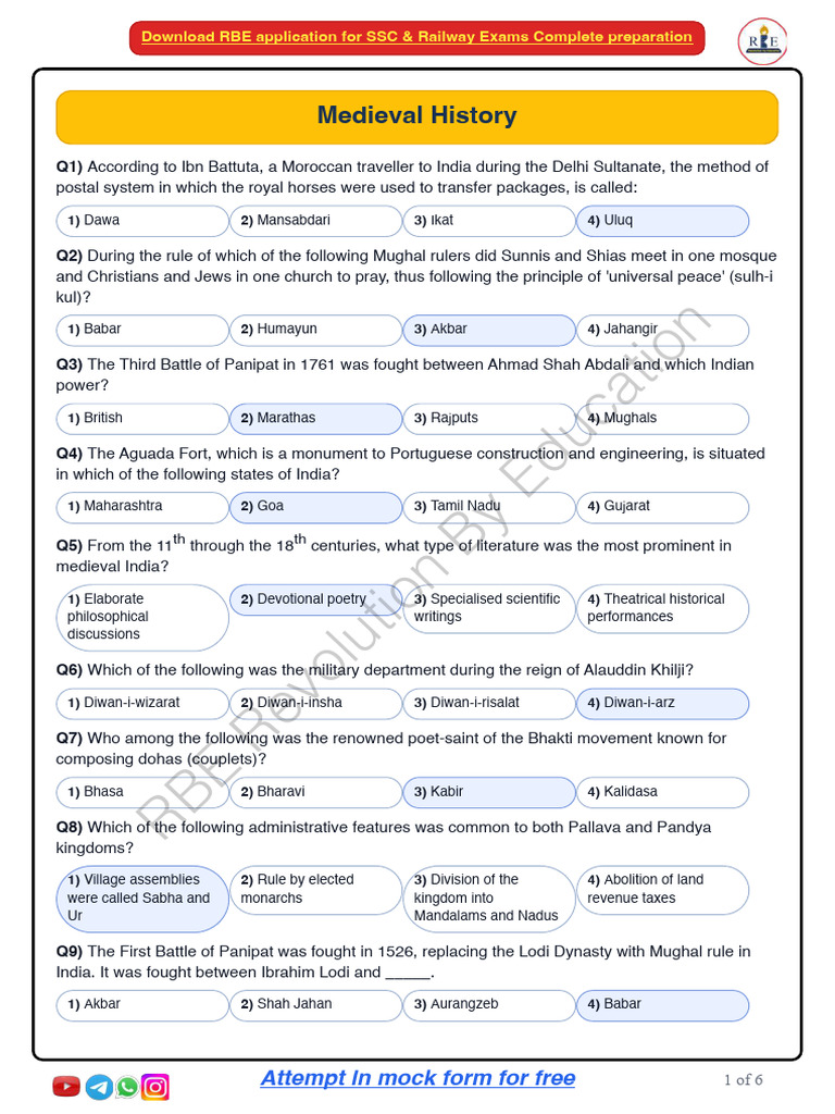 Medieval Indian History Quiz Questions | PDF