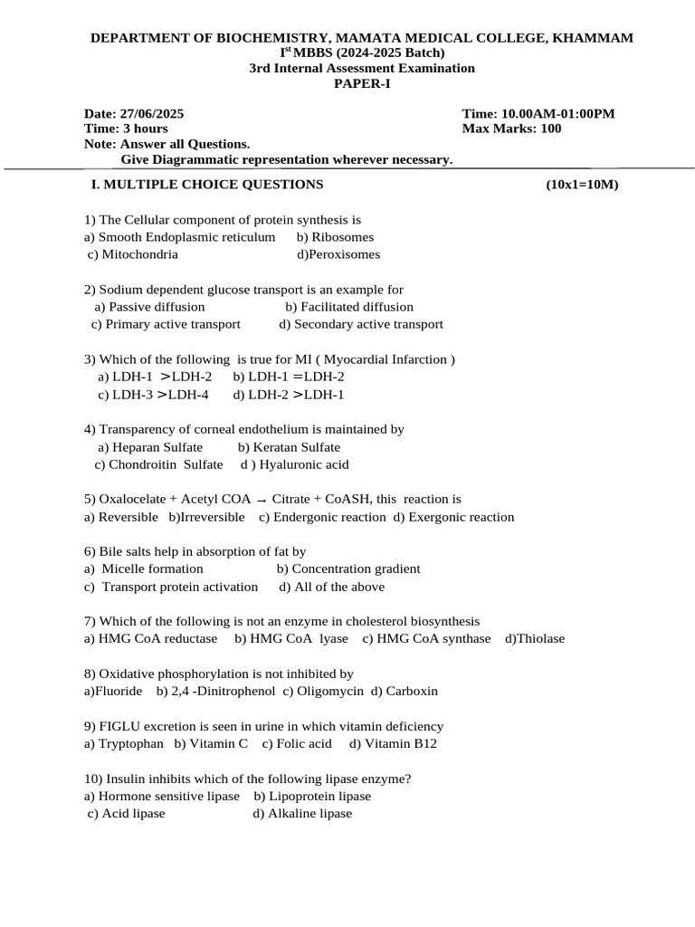 MBBS Biochemistry Internal Exam Paper | PDF | Digestion | Biochemistry