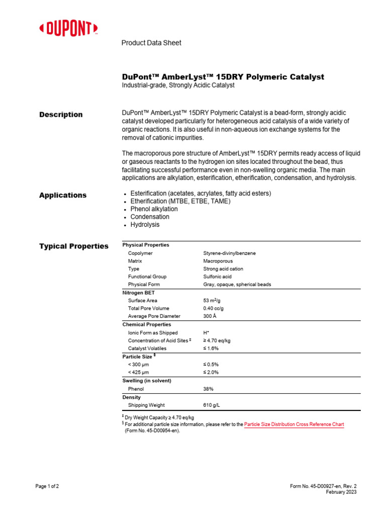 DuPont AmberLyst 15DRY Catalyst Overview | PDF | Catalysis | Ester