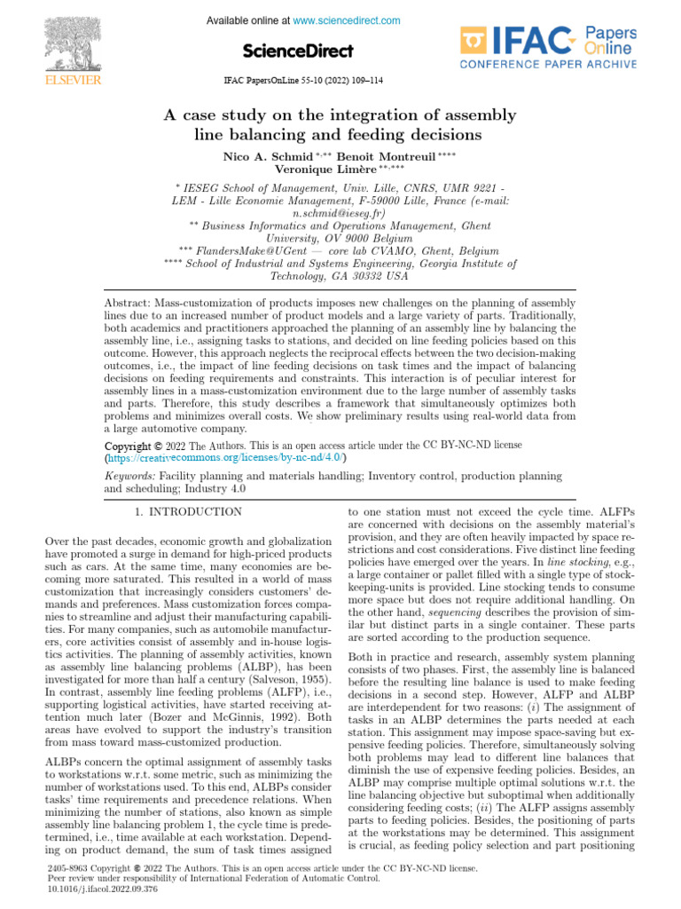 A Case Study On The Integration of Assembly Line Balancing 2022 IFAC ...