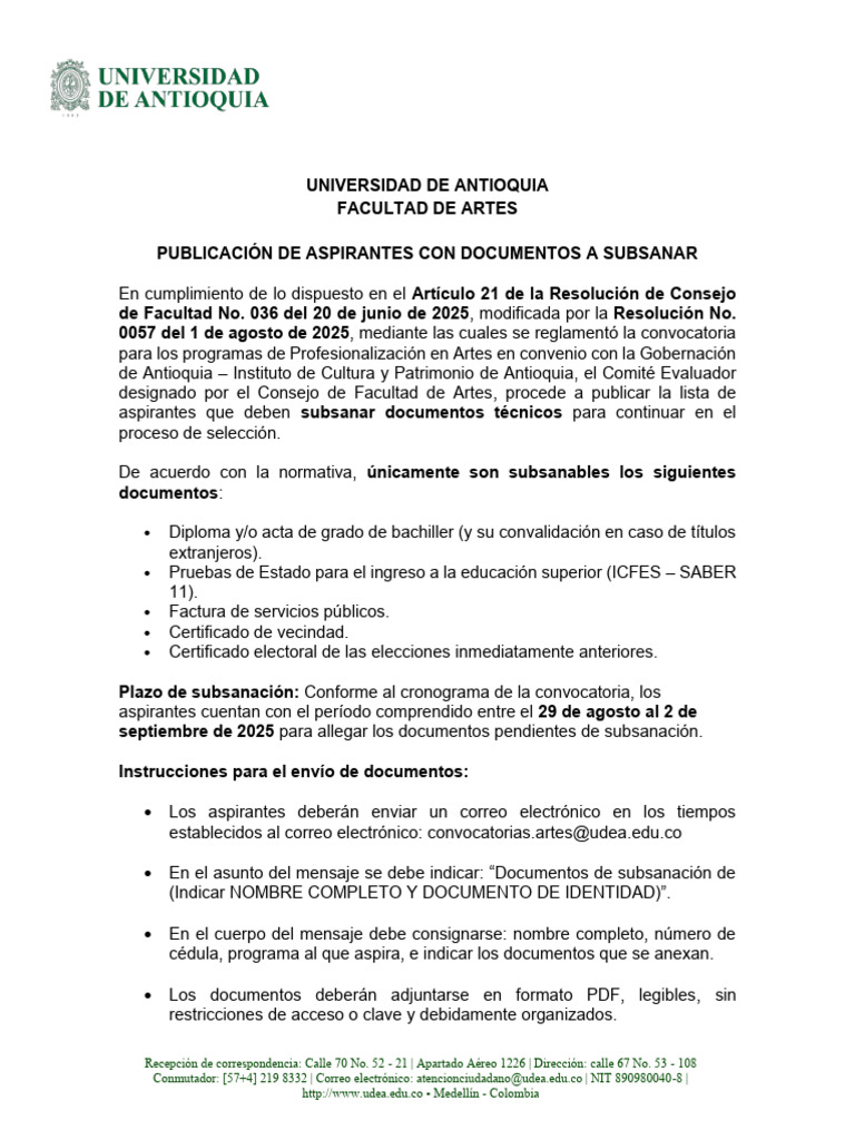 Documentos a Subsanar para Aspirantes UdeA | PDF