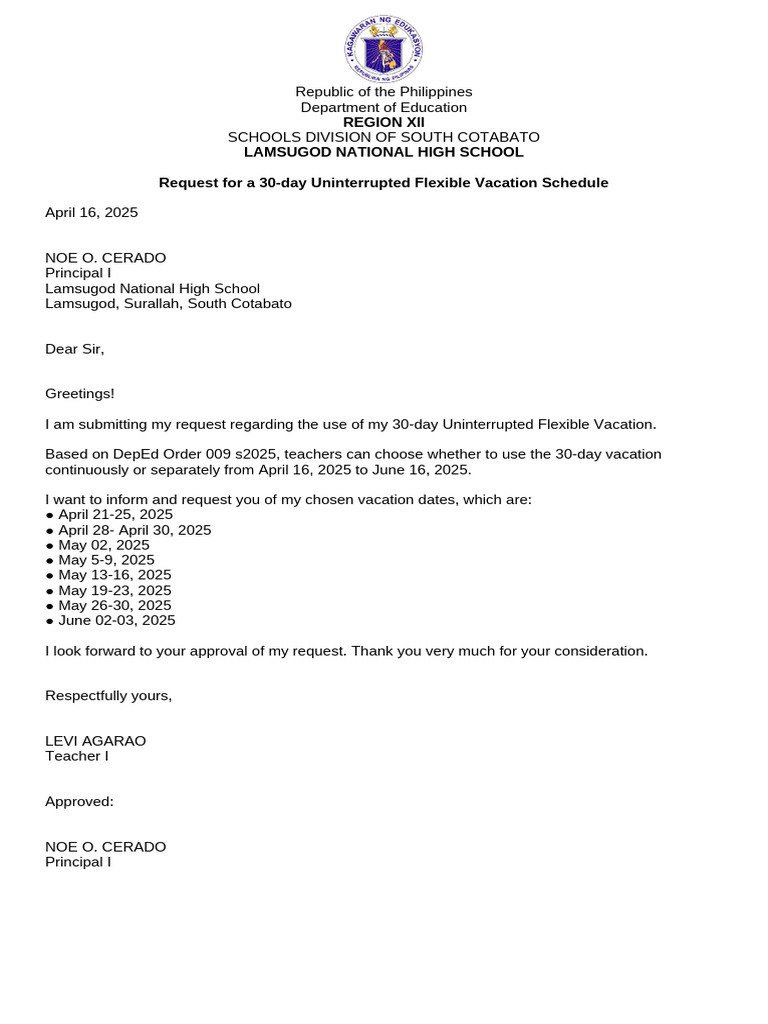 Request Letter for Vacation Schedule 2025 | PDF