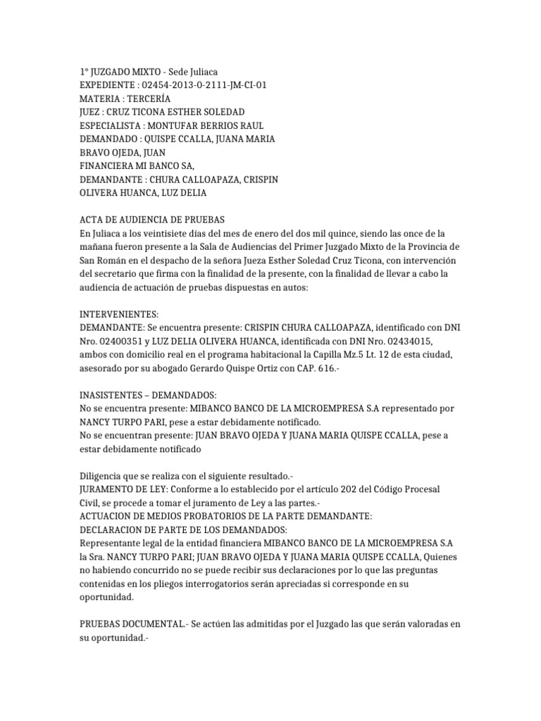 Acta de Audiencia de Tercería en Juliaca | PDF | Justicia | Crimen y ...