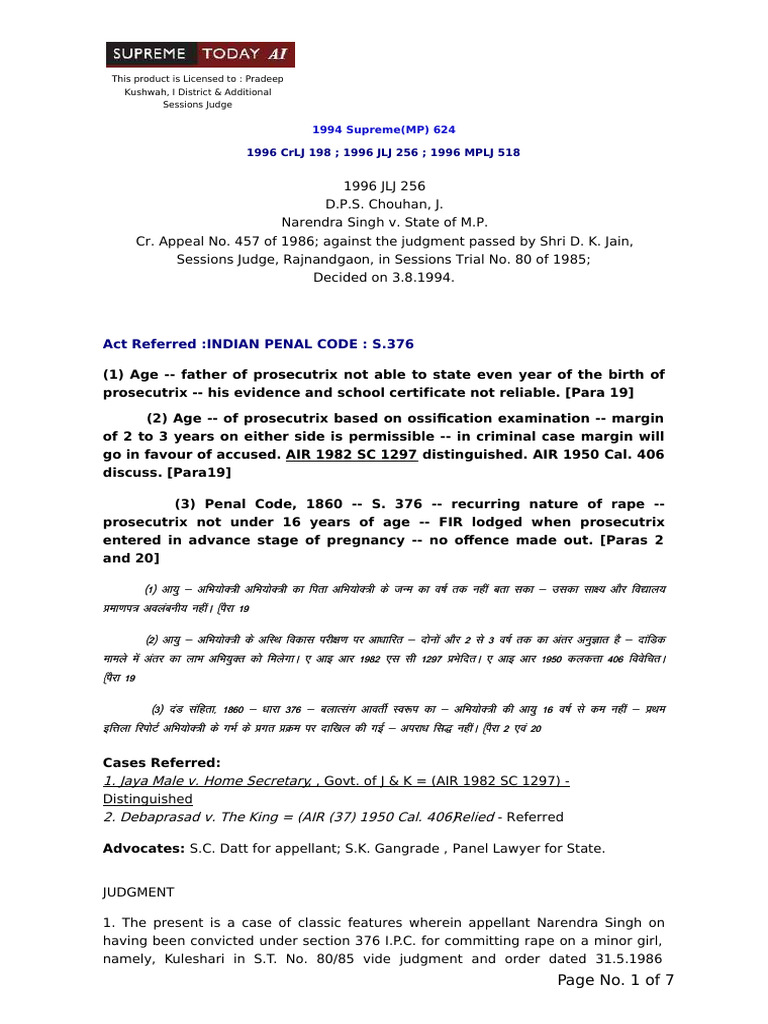Rape Case Appeal: Narendra Singh v. State | PDF | Prosecutor | Public Law