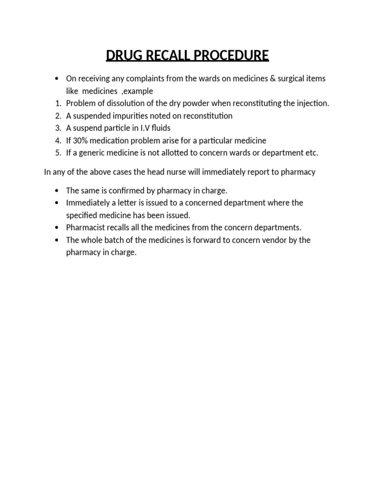 Drug Recall Procedure Guidelines | PDF
