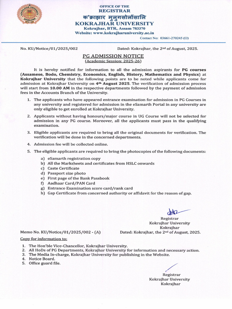PG Admission Notice For The Academic Session 2025 26 Under Kokrajhar ...