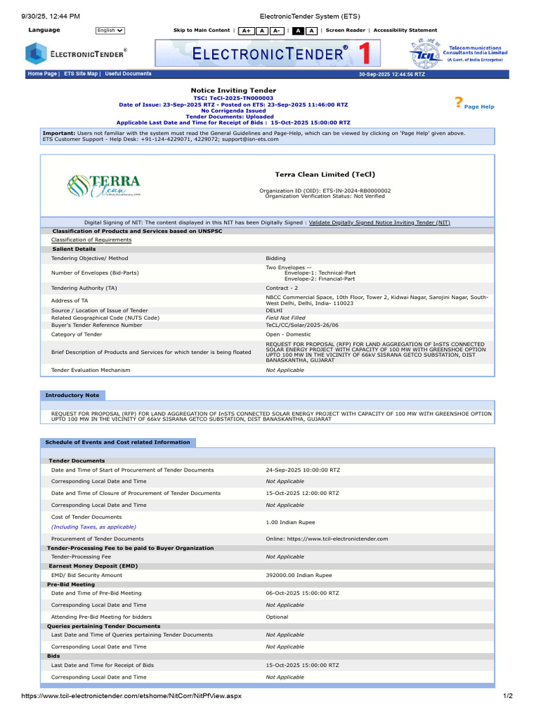100 MW Solar Project Tender Notice | PDF