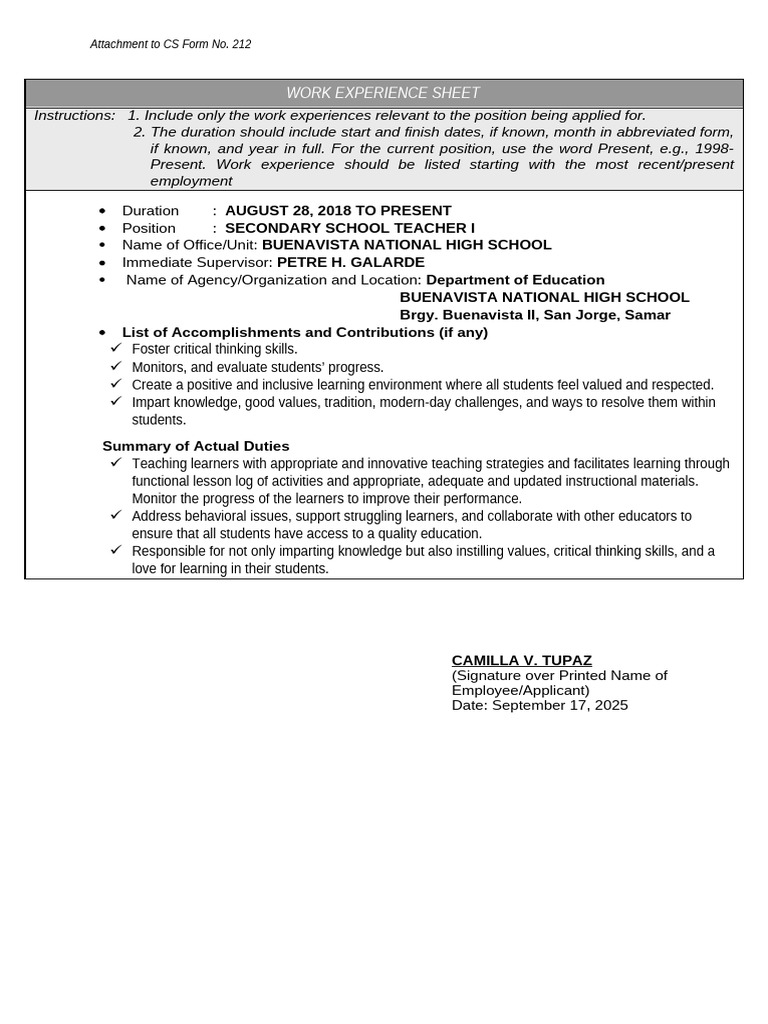 Work Experience Sheet for Teacher Position | PDF | Learning | Teachers