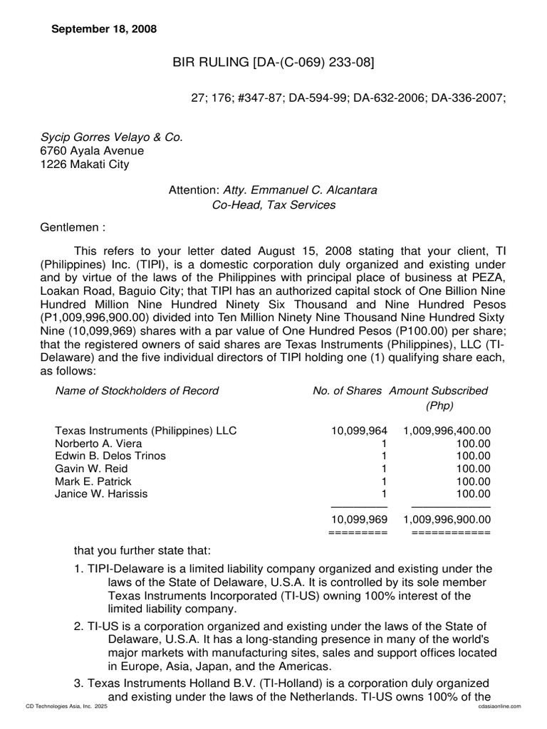BIR RULING (DA - (C-069) 233-08) (September 18, 2008) ) | PDF | Share ...