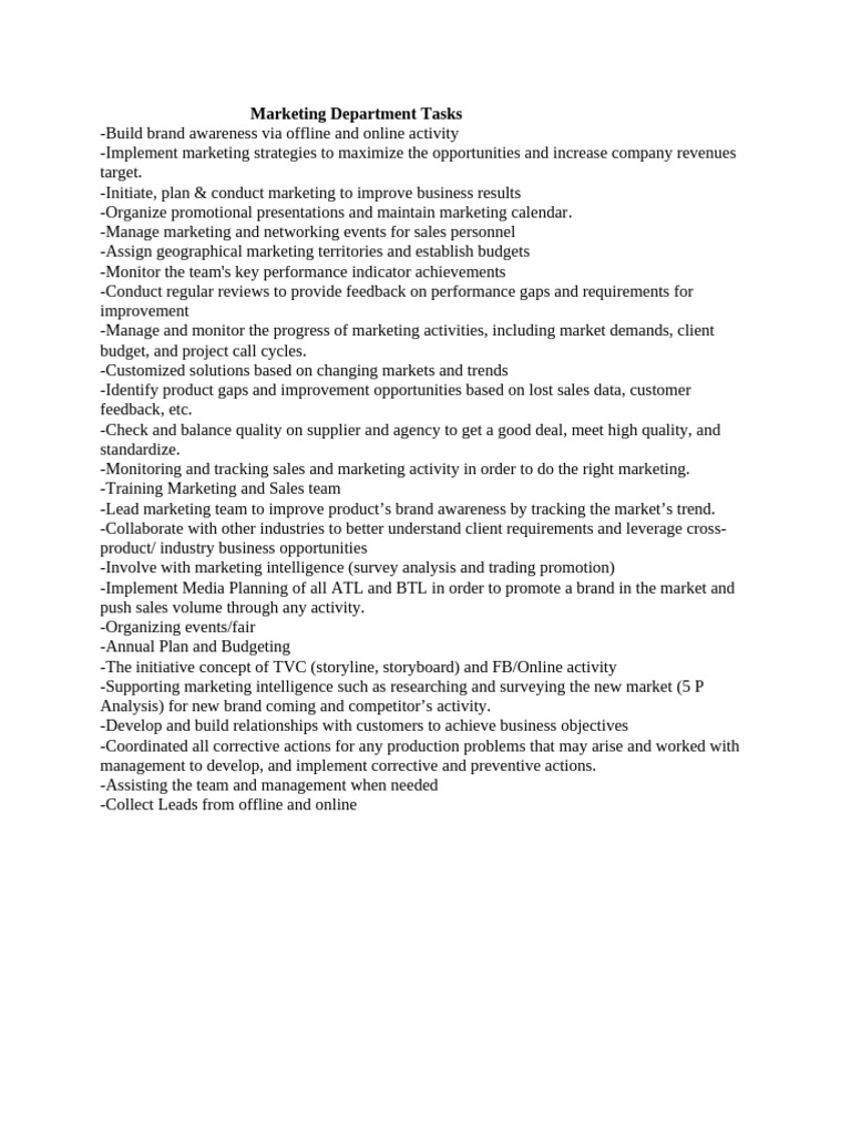 Comprehensive Marketing Department Tasks | PDF