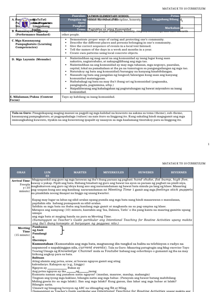 DLL Kindergarten q2 w1 | PDF
