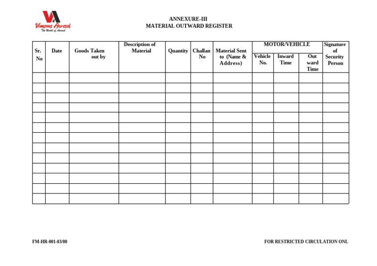 Material Outward Register Template | PDF