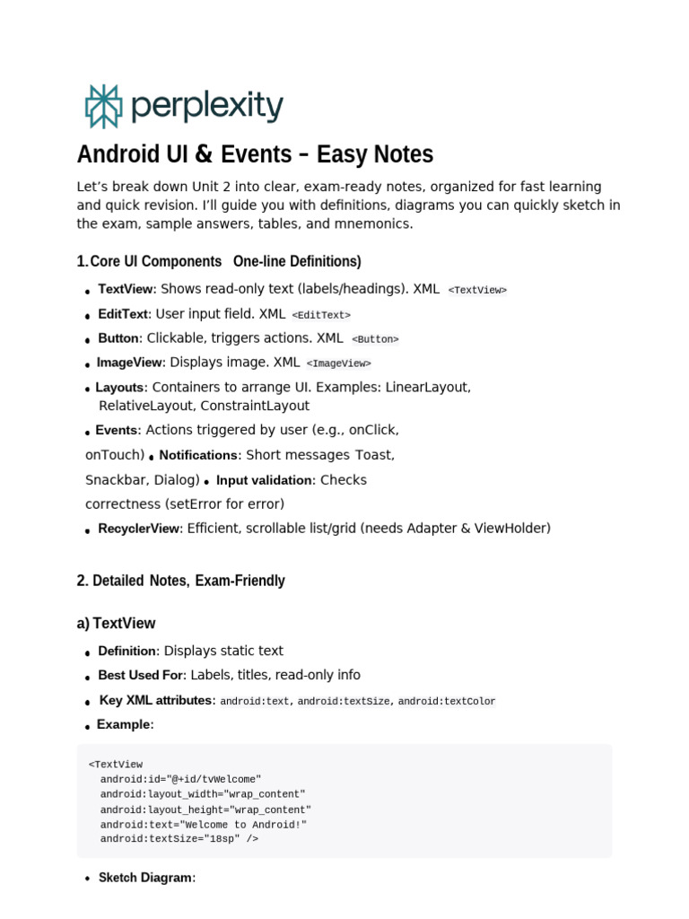Android UI & Events - Easy Notes | PDF | Android (Operating System ...