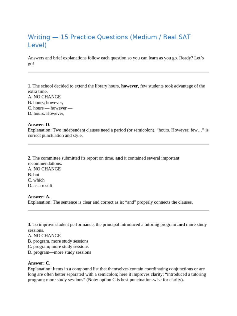 SAT Writing Practice: 15 Questions | PDF | Comma | Language Mechanics
