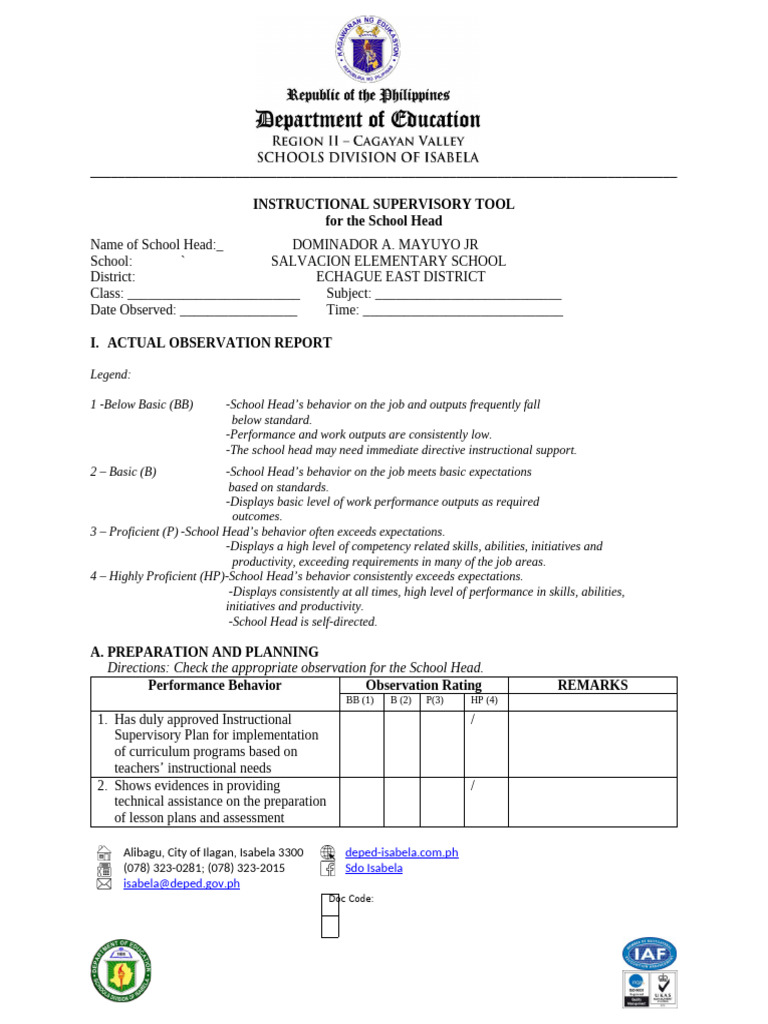 Instructional Supervision Tool for School Heads | PDF | Learning | Teachers