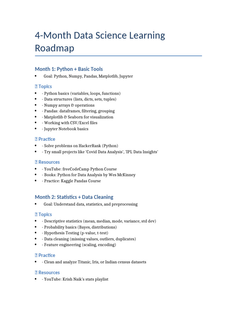4-Month Data Science Learning Plan | PDF | Statistics | Machine Learning