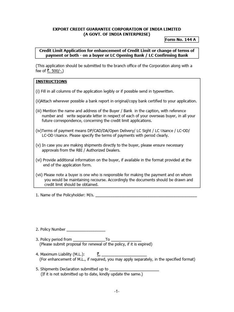 Form 144A - Application - Credit Limit Enhancement | PDF