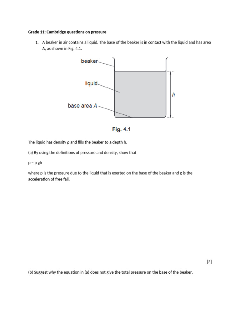 Grade 11 Cambridge Pressure Questions | PDF | Pressure | Liquids