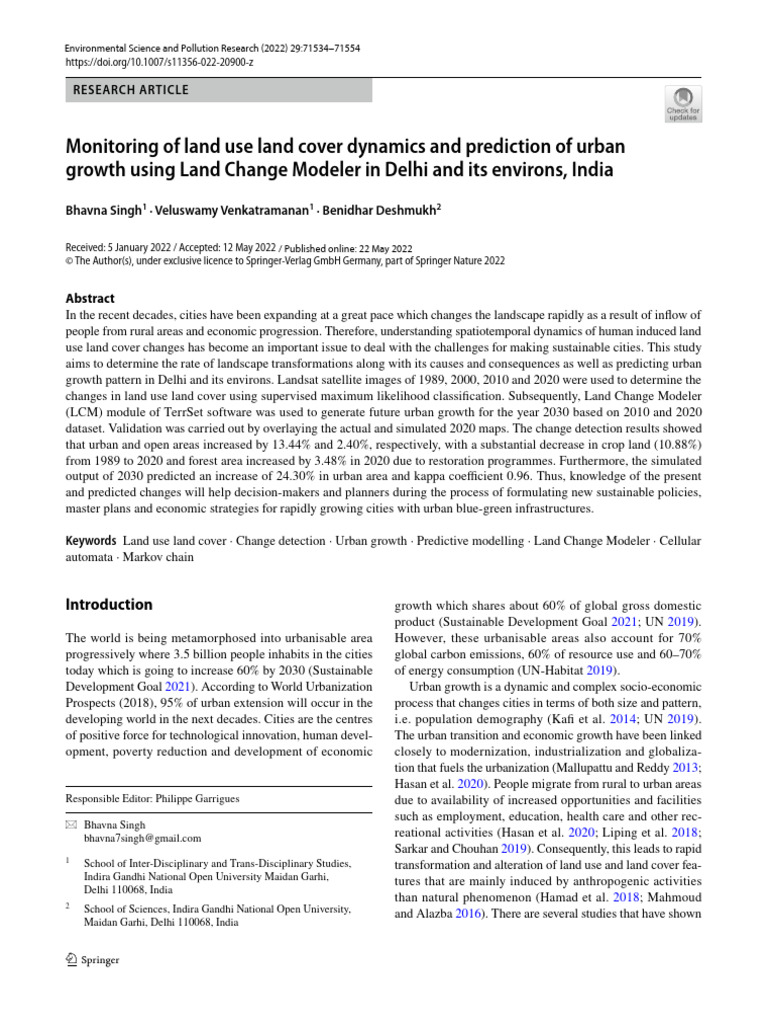 Monitoring of Land Use Land Cover Dynamics and Prediction of Urban ...