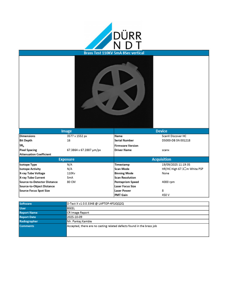 Brass Test Report: 110KV 5mA Scan | PDF