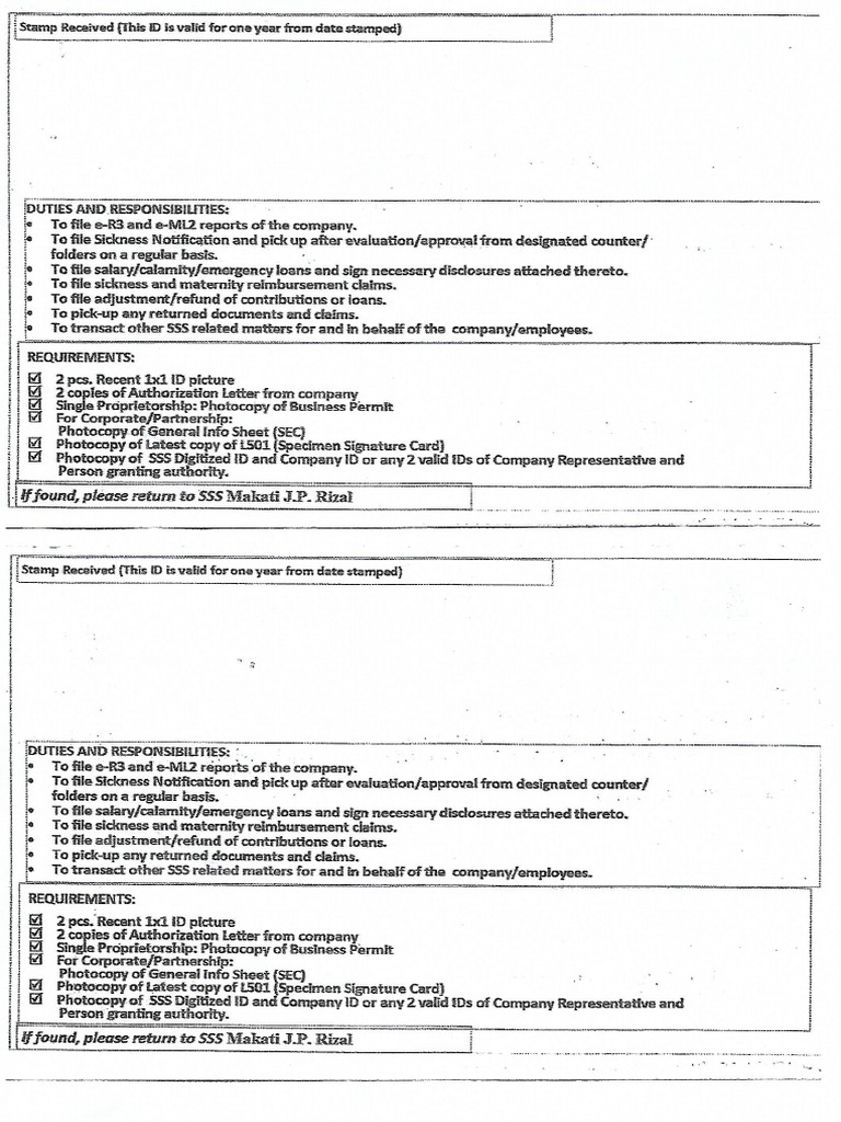 SSS Representative Card - JP Makati - Back | PDF