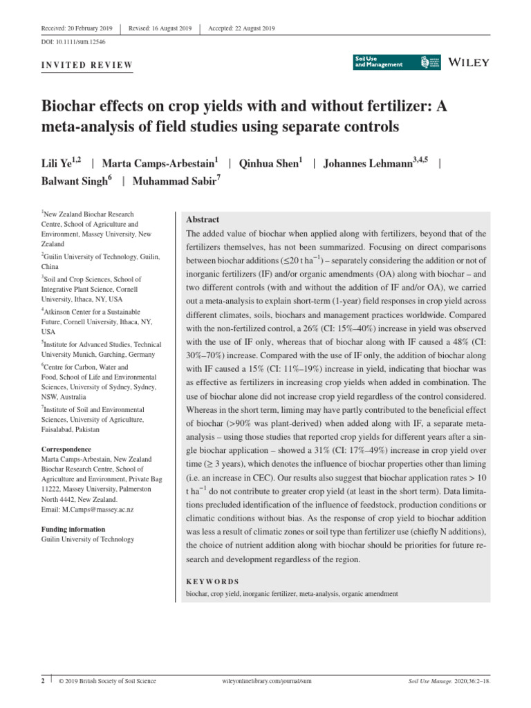 Biochar Effects On Crop Yields With and Without Fertilizer A Meta ...