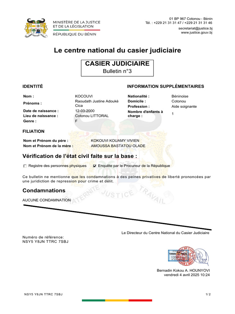 Bulletin n°3 du casier judiciaire de KOCOUVI | PDF | Justice | Crime et ...