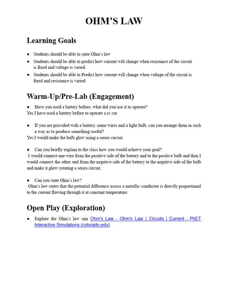 Ashvik Kollipara - Phet - Ohm's Law | PDF | Series And Parallel ...