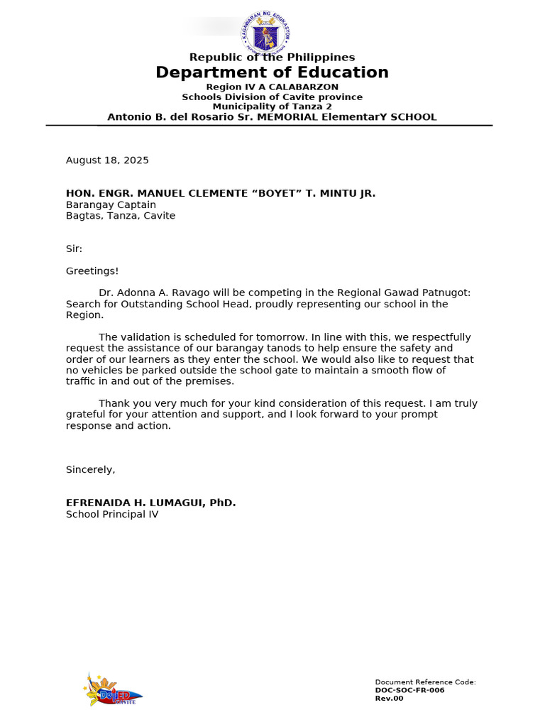 Request for Barangay Tanod Assistance | PDF