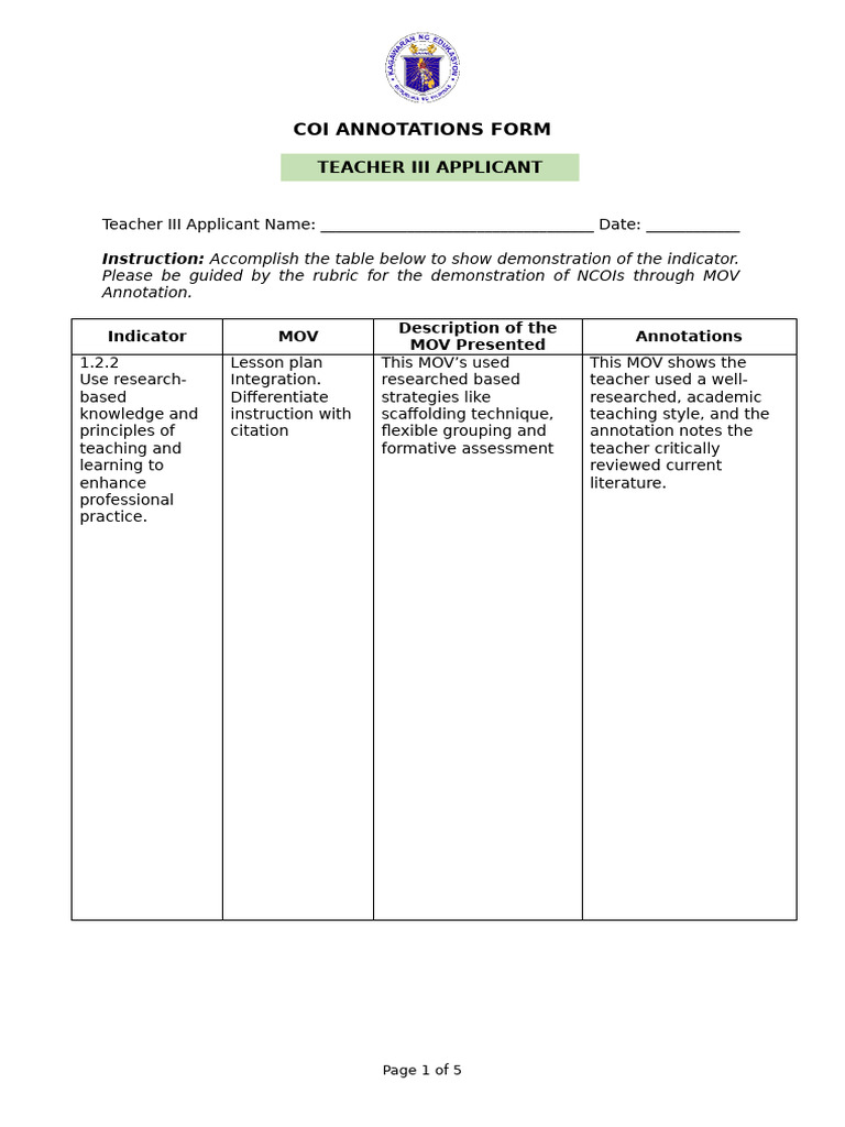 Teacher III COI Annotation Form | PDF | Educational Assessment | Learning