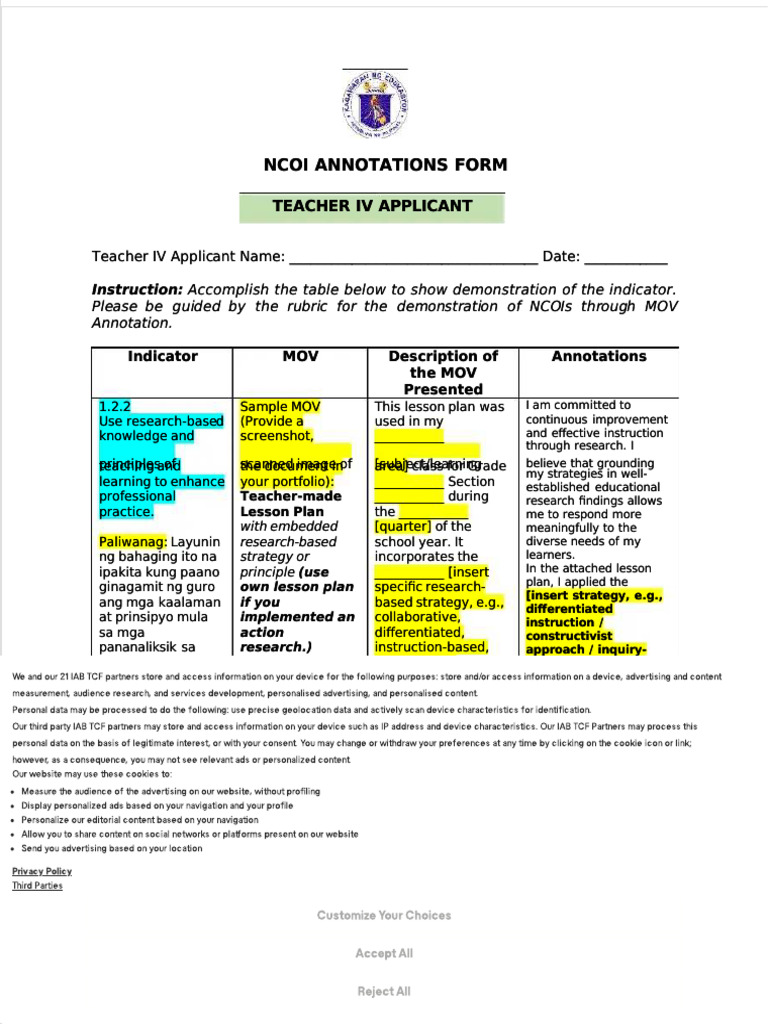 NCOI Annotation Form for Teacher IV | PDF | Lesson Plan | Curriculum
