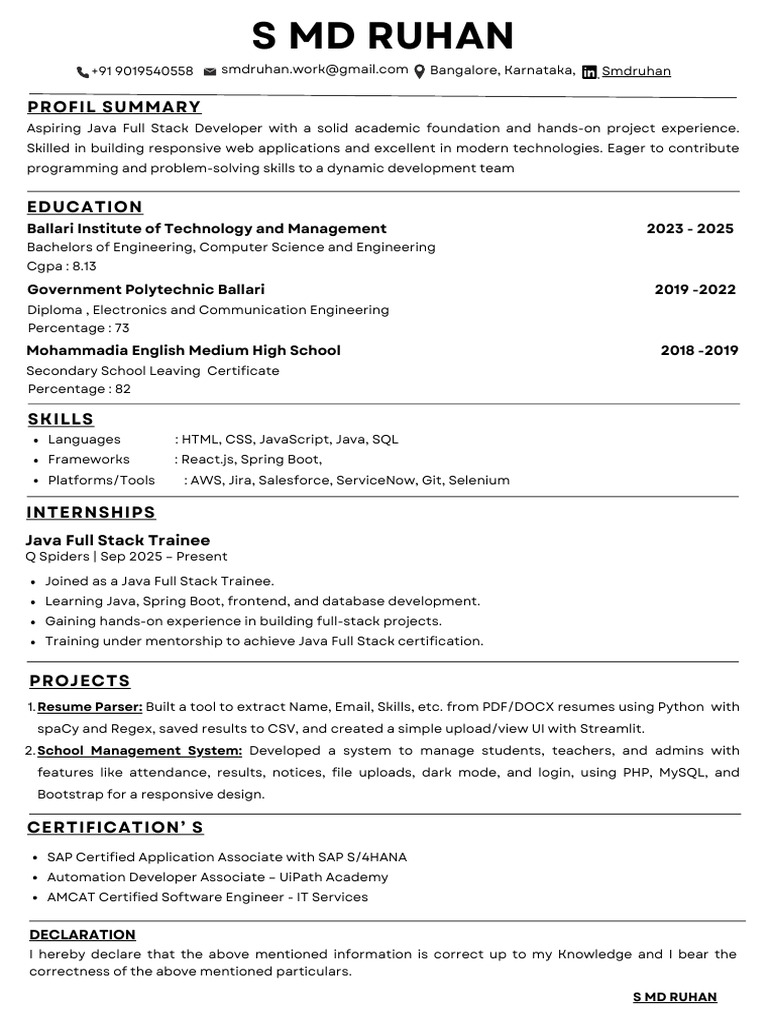 Java Full Stack Developer Profile Summary | PDF