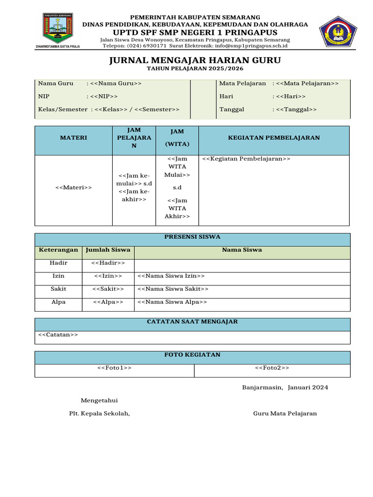 Jurnal Harian Mengajar Guru SMP | PDF