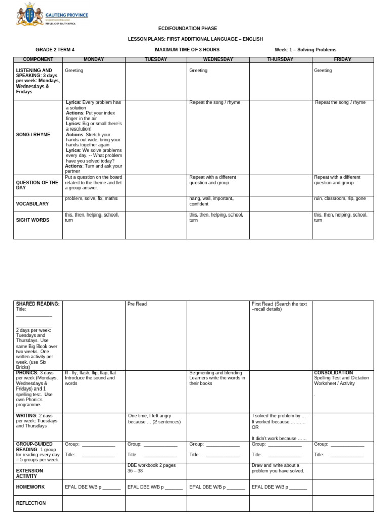 Grade 2 Term 4 English Lesson Plans | PDF | Phonics | Vocabulary