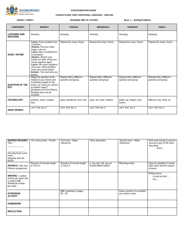 Grade 1 Term 4 English Lesson Plans | PDF | Phonics | Rainbow