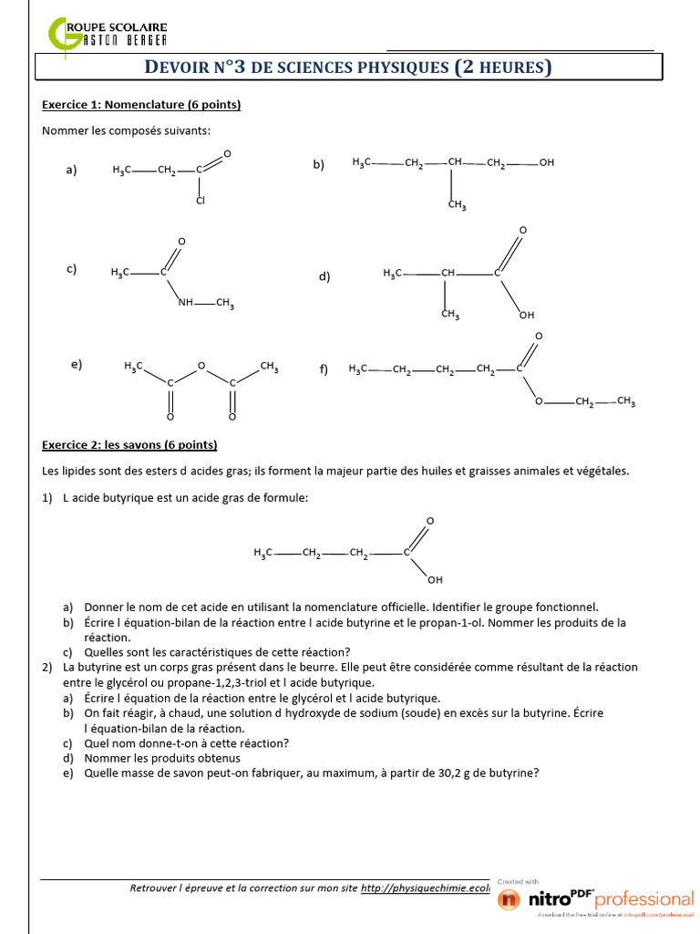 Devoir de Sciences Physiques Terminale L2B | PDF | Glycérol | Masse