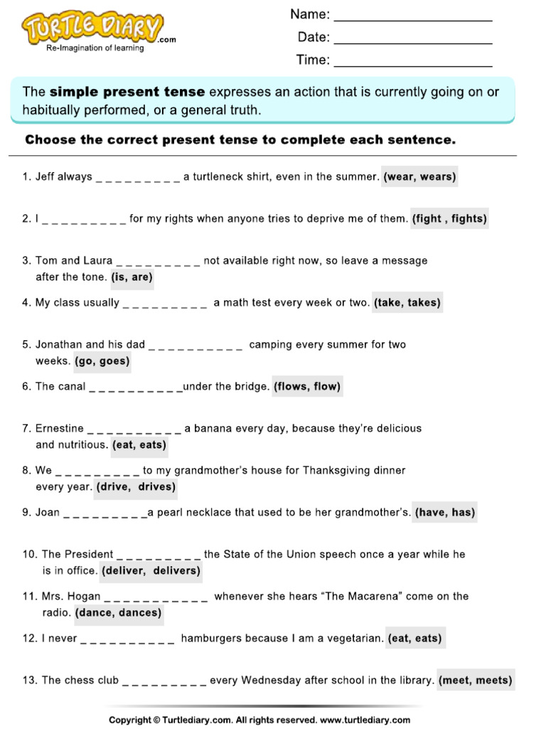 Complete Sentences by Choosing Correct Present Tense of Verb Turtle ...