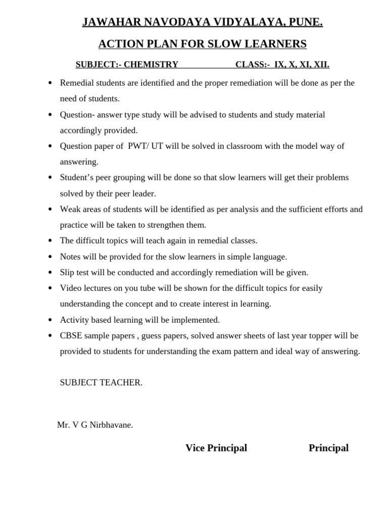 Action Plan for Slow Learners in Chemistry | PDF | Cognition | Behavior ...