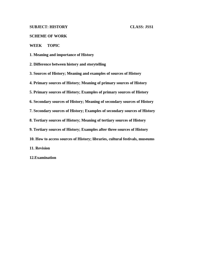 JSS1 History Scheme of Work | PDF