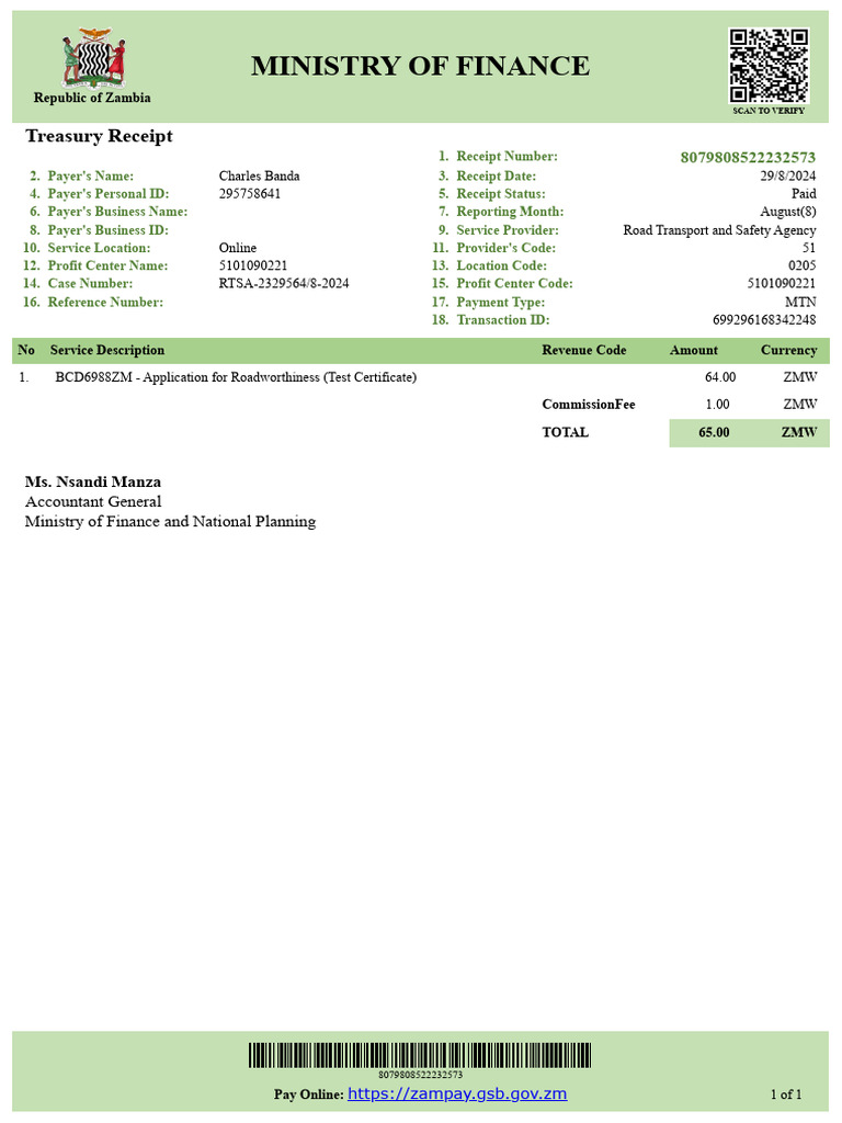 Ministry of Finance: Treasury Receipt | PDF