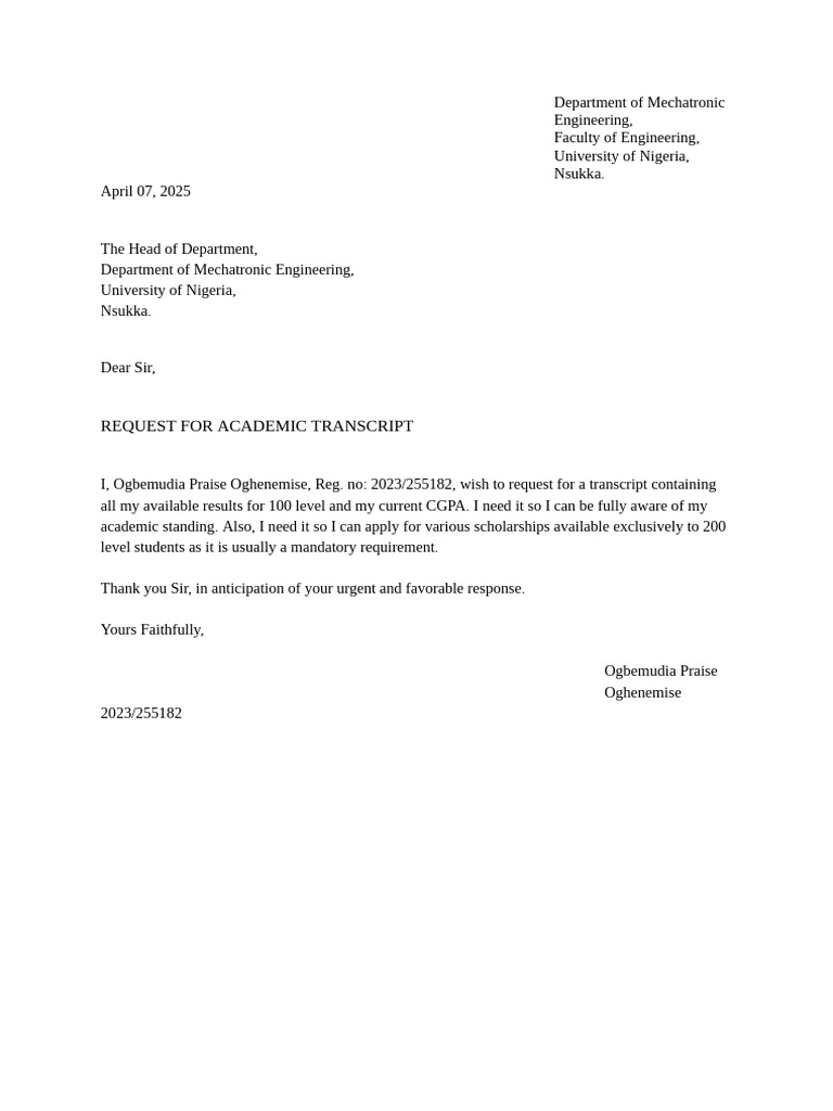 Request for Academic Transcript | PDF