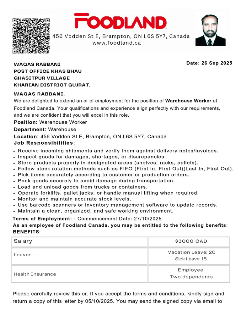 Waqas Rabbani Job Letter | PDF | Warehouse | Employment