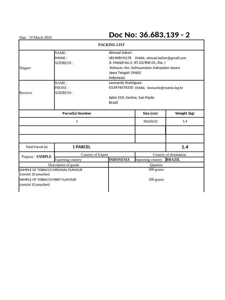 Tobacco Sample Packing List & Invoice | PDF
