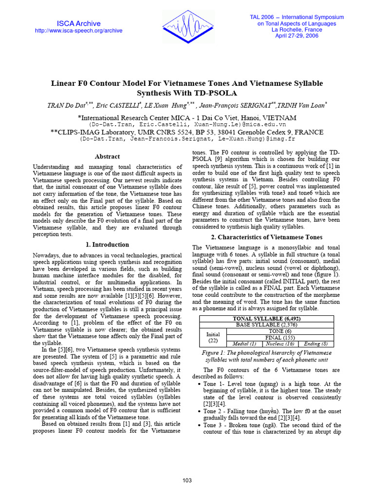 Linear F0 Contour Models for Vietnamese Tones | PDF | Tone (Linguistics ...
