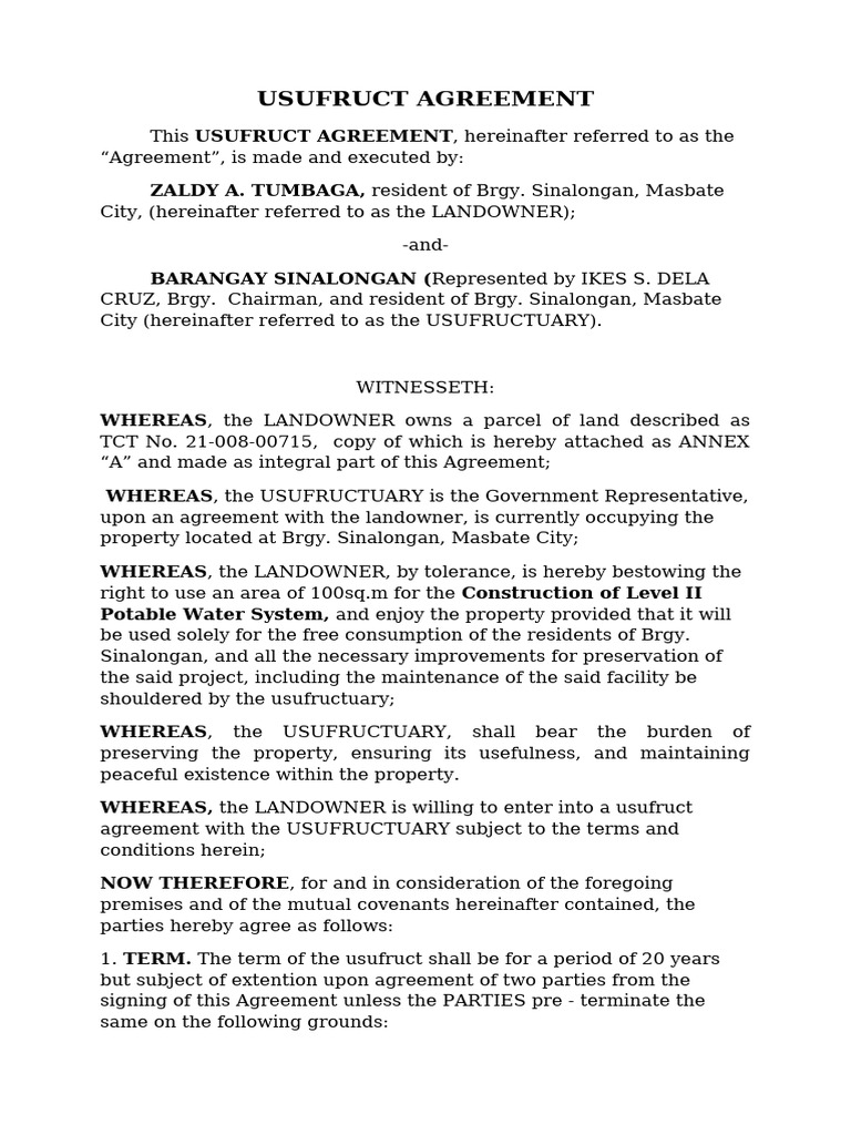 Usufruct Agreement for Water System | PDF | Natural Resources Law ...